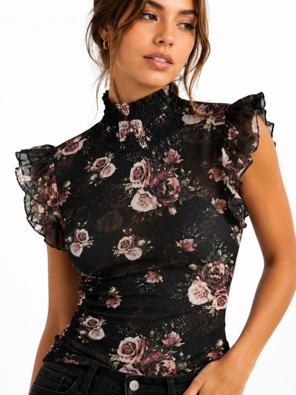 Floral Mesh Mock Neck Top LARGE